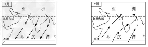 读南亚季风风向图回答问题